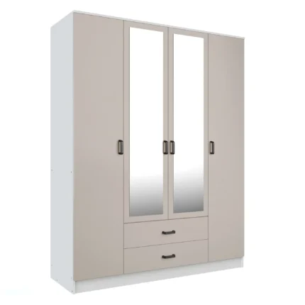 Szafa z lustrem 4 drzwi 2 szuflady KAMI - biały/kaszmir - 160