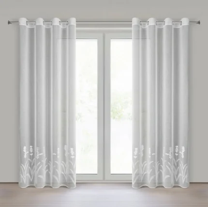 Firana biała z etaminy zdobiona haftem roślinnym 140x250 cm przelotka - TONYA
