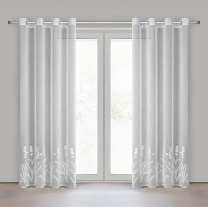 Firana biała z etaminy zdobiona haftem roślinnym 140x250 cm przelotka - TONYA