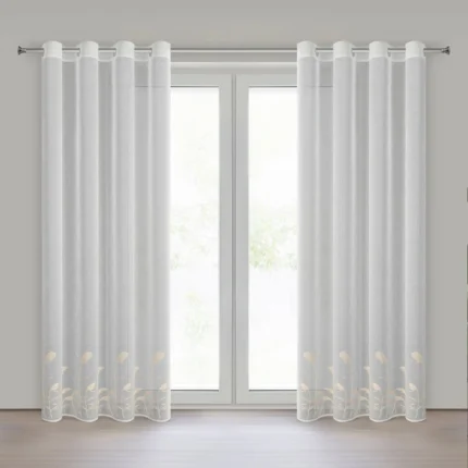 Firana biało, beżowa z etaminy zdobiona haftem w źdźbła ozdobnej trawy  140x250 cm przelotka - TASHA