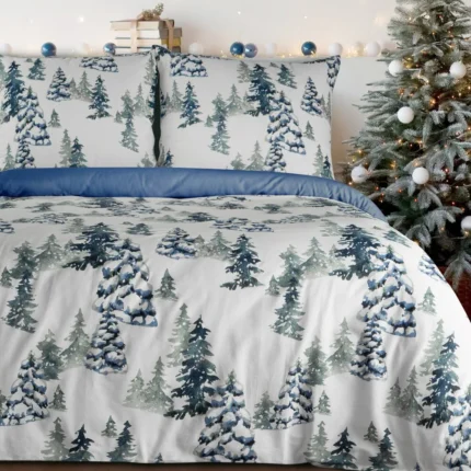 Pościel świąteczna 140x200 cm komplet 2 częściowy z bawełny ranforce, kolor biały, granatowy zdobiona nadrukiem zimowym NATAL