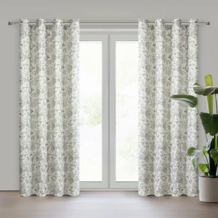 Zasłona o naturalnym splocie z dodatkiem lnu kolor naturalny z botanicznym wzorem zdobiona złotymi akcentami 140x250 przelotki - LUCINA 2