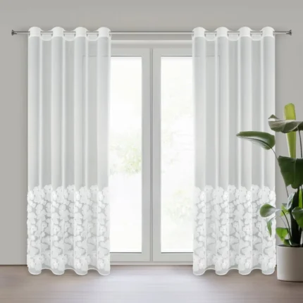 Firana biała z siateczki zdobiona kwiatami z dodatkiem drobnych perełek 3D 140x250 cm przelotka - JASMIN 2 Eva Minge