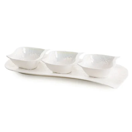 Patera ceramiczna dekoracyjna perłowa komplet z trzema miseczkami z wypukłym wzorem 18x41x6,5 cm NINA