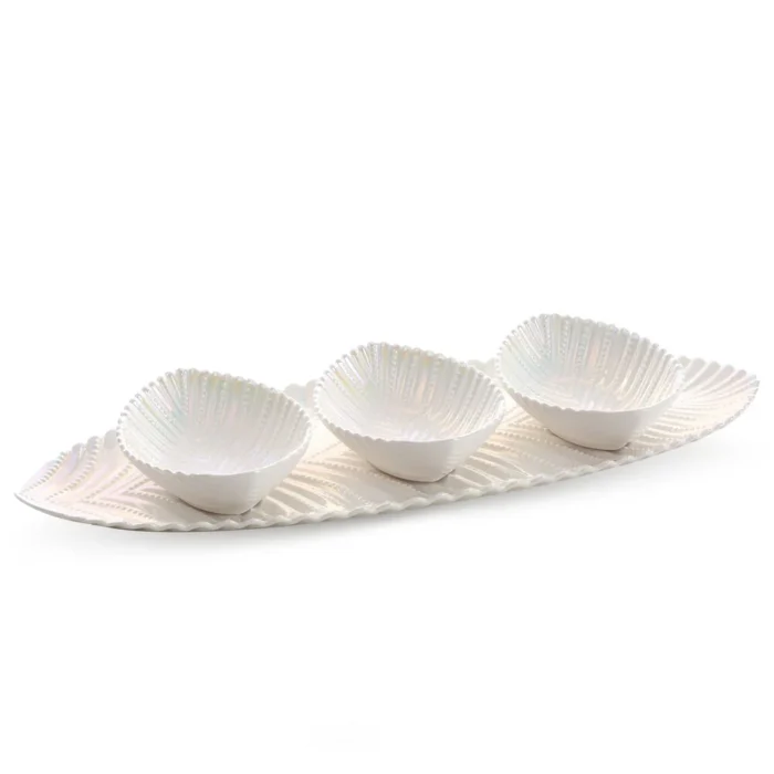 Patera ceramiczna dekoracyjna perłowa z trzema miseczkami w komplecie 17x48x6,5 cm NELA