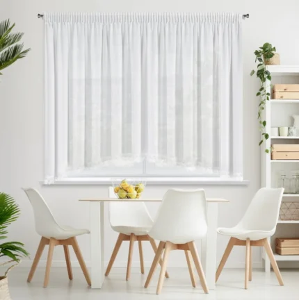 Firana typu łuk biała z szyfonu zdobiona aplikacją 400x160 cm taśma  - LORETA
