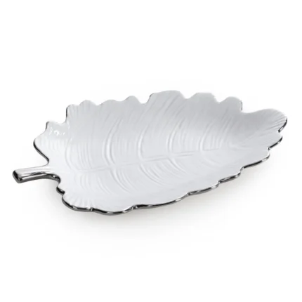 Patera ceramiczna dekoracyjna biało-srebrna  w kształcie liścia 30x14x4 cm ALMA 1