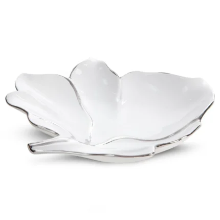 Patera ceramiczna dekoracyjna biało-srebrna w kształcie liścia 30x28x6 cm NERIS 02