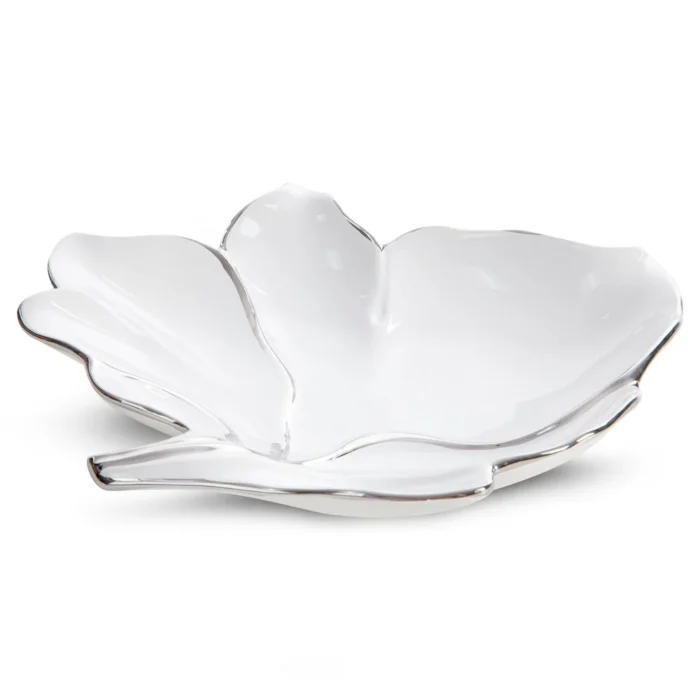 Patera ceramiczna dekoracyjna biało-srebrna w kształcie liścia 30x28x6 cm NERIS 02