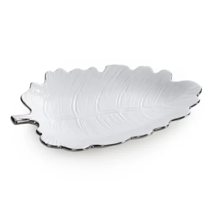 Patera ceramiczna dekoracyjna biało-srebrna  w kształcie liścia 26x18x4 cm ALMA 2