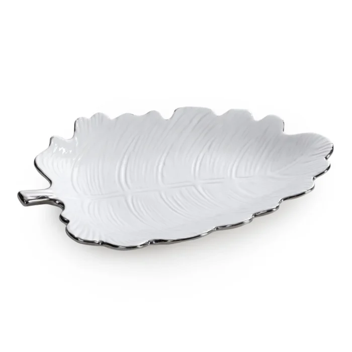 Patera ceramiczna dekoracyjna biało-srebrna  w kształcie liścia 26x18x4 cm ALMA 2
