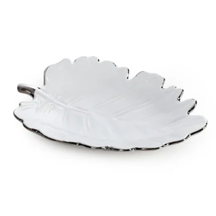 Patera ceramiczna dekoracyjna biało-srebrna  w kształcie liścia 20x15x4 cm ALMA 3