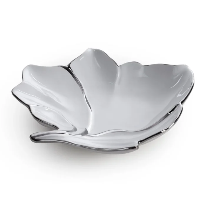 Patera ceramiczna dekoracyjna biało-srebrna w kształcie liścia 25x24x5 cm NERIS 03
