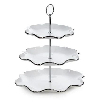 Patera ceramiczna dekoracyjna biało-srebrna trzypiętrowa  30x21x54 cm AUREN