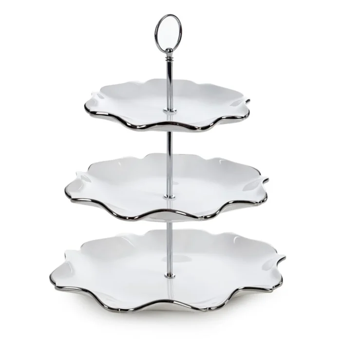 Patera ceramiczna dekoracyjna biało-srebrna trzypiętrowa  30x21x54 cm AUREN