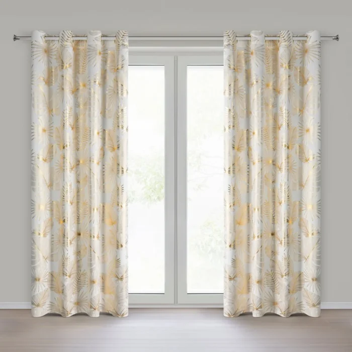 Zasłona kremowo, złota zdobiona błyszczącym motywem egzotycznych liści 140x250 cm złote przelotki - ZARIA