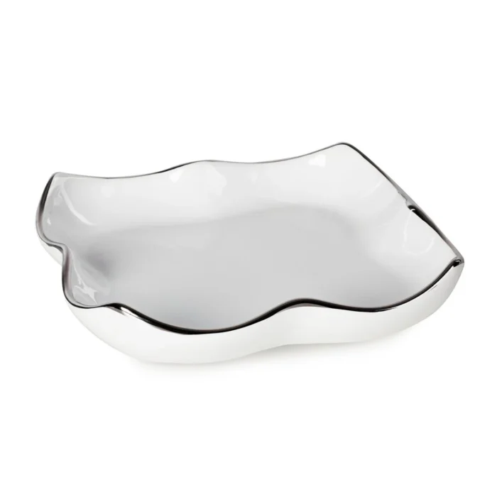 Patera ceramiczna dekoracyjna biało-srebrna  z falującymi brzegami 20x20x6 cm TONY