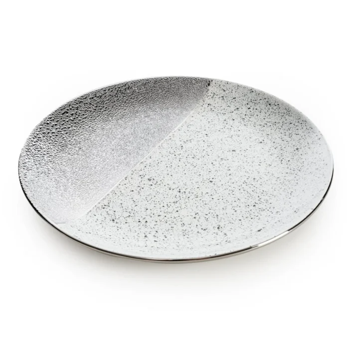 Patera ceramiczna dekoracyjna biało-srebrna  zdobiona imitacją granitu średnica 31x4 cm MILO