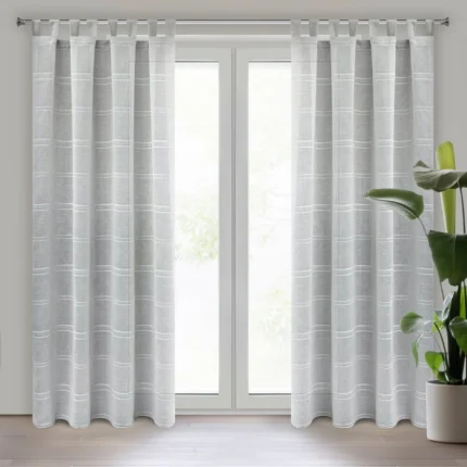 Firana srebrna z etaminy zdobiona szenilowymi paseczkami 140x250 cm szelki  -  ARCADIA