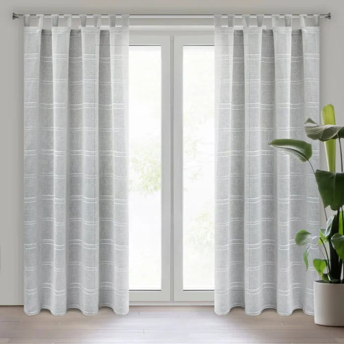 Firana srebrna z etaminy zdobiona szenilowymi paseczkami 140x250 cm szelki  -  ARCADIA