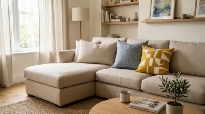 Sofa z poduszkami w trzech kolorach — poduszki dekoracyjne aranżacja kolorystyczna