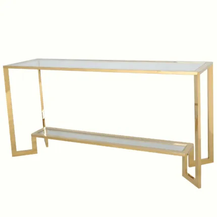 Konsola Yara Gold 160/45/78cm wykończona w złocie z dwoma szklanymi blatami