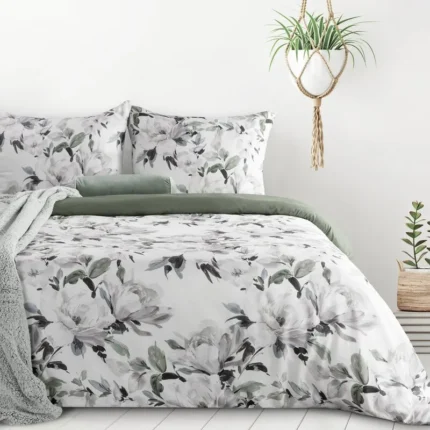 Pościel 220x200 cm komplet 3 częściowy  kolor biało, zielony z motywem kwiatów LOTI Design 91