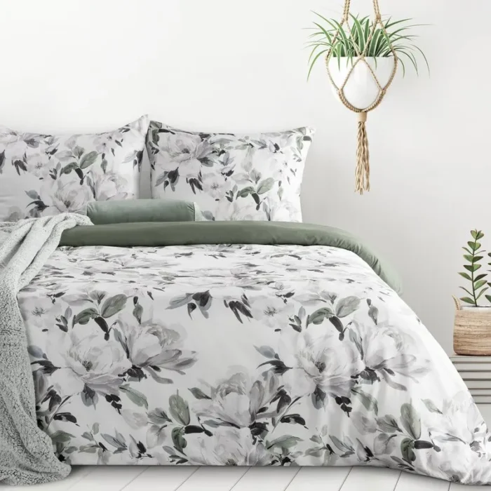 Pościel 220x200 cm komplet 3 częściowy  kolor biało, zielony z motywem kwiatów LOTI Design 91