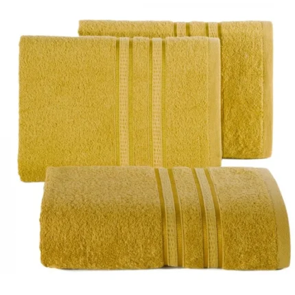 Ręcznik kąpielowy 50x90 cm bambusowy kolor musztardowy zdobiony bordiurą w pasy 500 g/m2 MILA