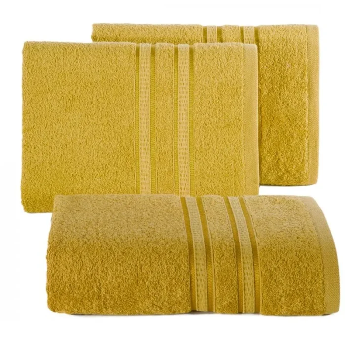 Ręcznik kąpielowy 50x90 cm bambusowy kolor musztardowy zdobiony bordiurą w pasy 500 g/m2 MILA