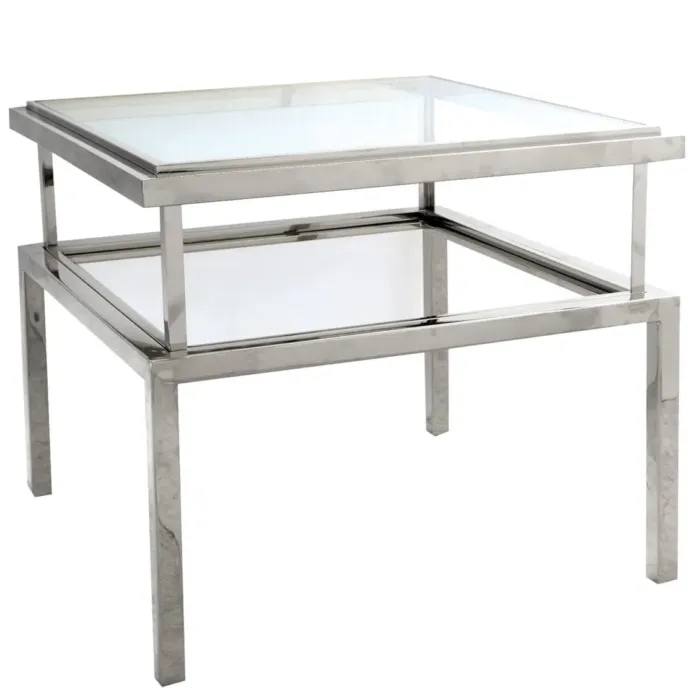 Stolik kawowy Janssen glamour 55/55/65cm srebrny z dwoma szklanymi blatami