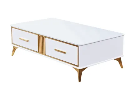 Stolik kawowy Laval glamour 130/70/41cm z białego szkła hartowanego o złotym wykończeniu