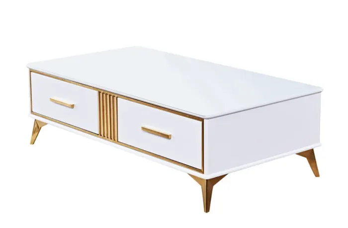 Stolik kawowy Laval glamour 130/70/41cm z białego szkła hartowanego o złotym wykończeniu