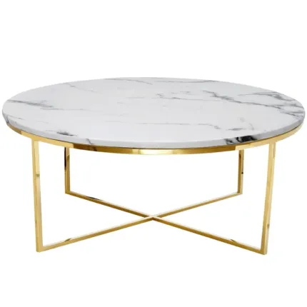 Stolik kawowy Pelio glamour z blatem z białego marmuru osadzony na złotym stelażu 90/90/42 cm