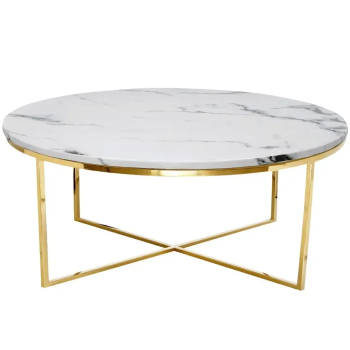 Stolik kawowy Pelio glamour z blatem z białego marmuru osadzony na złotym stelażu 90/90/42 cm