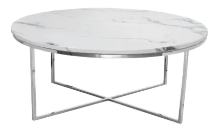 Stolik kawowy Pelio 90/90/42cm glamour z blatem z białego marmuru osadzony na srebrnym stelażu